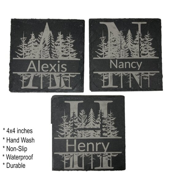 Hand Crafted Other - Personalized Monogram Initial & Name Forest Black Slate Coaster - Laser Product